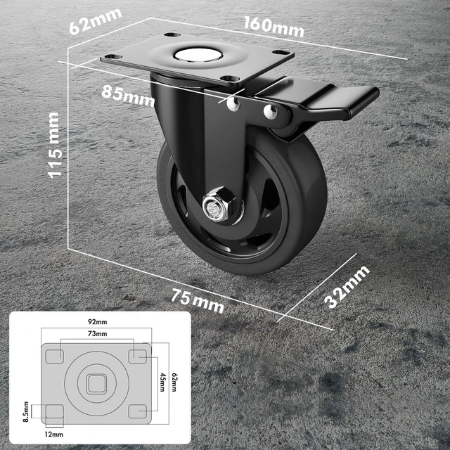 Alt view image 2 of 7 - 3 Inch Caster Wheels Heavy Duty with Brake, Casters Set of 4 Polyurethane, Dual Lock Industrial Swivel Plate Mount for Furniture/ Workbench/Cart, Hardware Kits for Installation