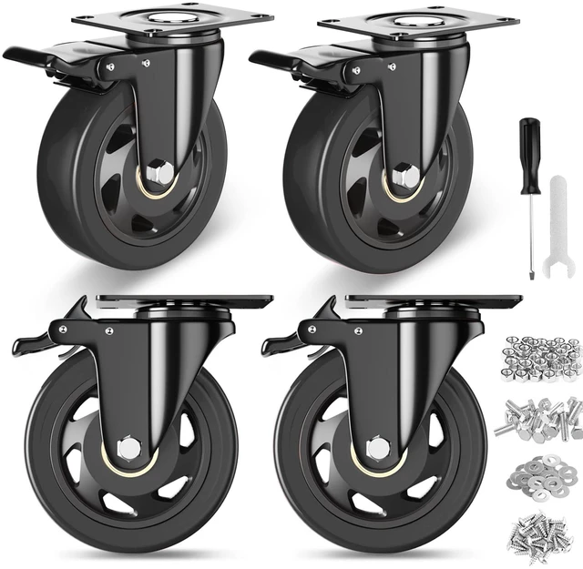 Main image of 4 Inch Caster Wheels, Heavy Duty Casters Set of 4 with Brake 2200Lbs, Polyurethane(PU)Wheels, Locking Industrial Top Plate Casters Wheels for Furniture Workbench Cart, Hardware Kits