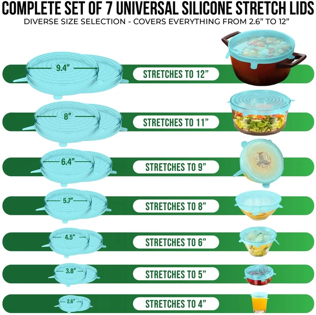 Alt view image 2 of 7 - Reusable Silicone Stretch Lids for Food Storage in Fridge - Elastic Heat-Resistant Bowl Covers, Cups, Cans, Jars - Universal Food Grade Lid for Containers - 7 Pack - Light Green Stretchy Lid Set