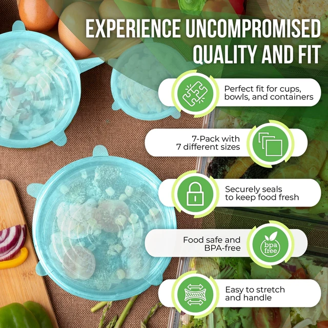 Alt view image 3 of 7 - Reusable Silicone Stretch Lids for Food Storage in Fridge - Elastic Heat-Resistant Bowl Covers, Cups, Cans, Jars - Universal Food Grade Lid for Containers - 7 Pack - Light Green Stretchy Lid Set