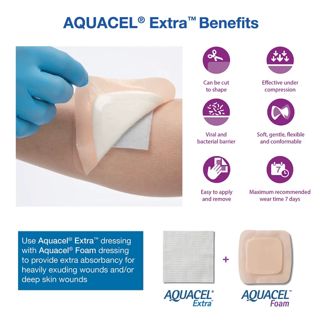 Alt view image 4 of 7 - AQUACEL Extra 6"x6" Hydrofiber Wound Dressing, Sterile, 5 Ct Absorbent Bandage for Wounds, Two-Layer Design, Non-Woven, Moderate to Heavy Exudate, Gel Forming, Medical Grade