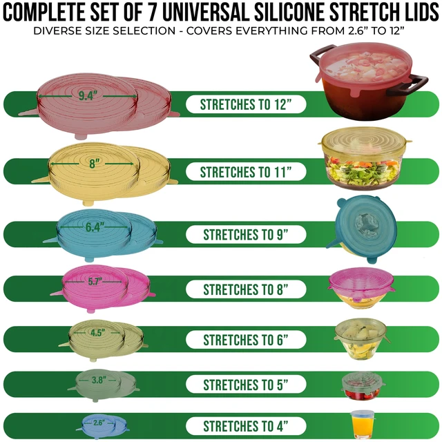 Alt view image 2 of 7 - Reusable Silicone Stretch Lids for Food Storage in Fridge - Elastic Heat-Resistant Bowl Covers, Cups, Cans, Jars - Universal Food Grade Lid for Round and Rectangle Containers - 7 Pack - Multicolor