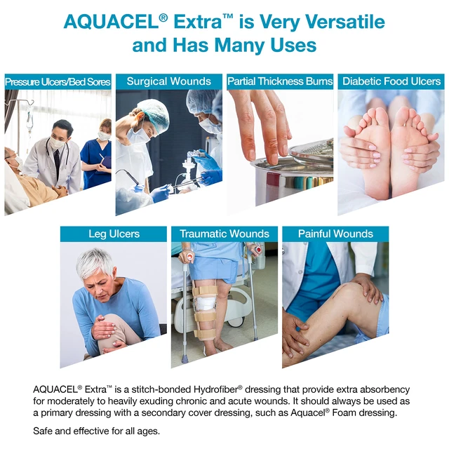 Alt view image 7 of 7 - AQUACEL Extra 6"x6" Hydrofiber Wound Dressing, Sterile, 5 Ct Absorbent Bandage for Wounds, Two-Layer Design, Non-Woven, Moderate to Heavy Exudate, Gel Forming, Medical Grade