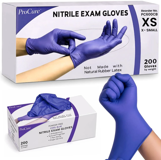 Main image of Disposable Nitrile Gloves - Latex & Powder Free - 200 Ct, XS Cool Blue Medical Gloves, XS-XL Sized to a Hand Chart, Non-Sterile, Ambidextrous, Textured for Better Grip