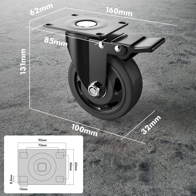 Alt view image 2 of 7 - 4 Inch Caster Wheels, Heavy Duty Casters Set of 4 with Brake 2200Lbs, Polyurethane(PU)Wheels, Locking Industrial Top Plate Casters Wheels for Furniture Workbench Cart, Hardware Kits