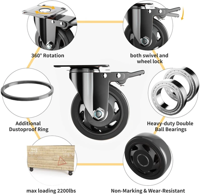 Alt view image 3 of 7 - 3 Inch Caster Wheels Heavy Duty with Brake, Casters Set of 4 Polyurethane, Dual Lock Industrial Swivel Plate Mount for Furniture/ Workbench/Cart, Hardware Kits for Installation