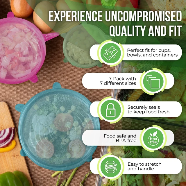 Alt view image 4 of 7 - Reusable Silicone Stretch Lids for Food Storage in Fridge - Elastic Heat-Resistant Bowl Covers, Cups, Cans, Jars - Universal Food Grade Lid for Round and Rectangle Containers - 7 Pack - Multicolor