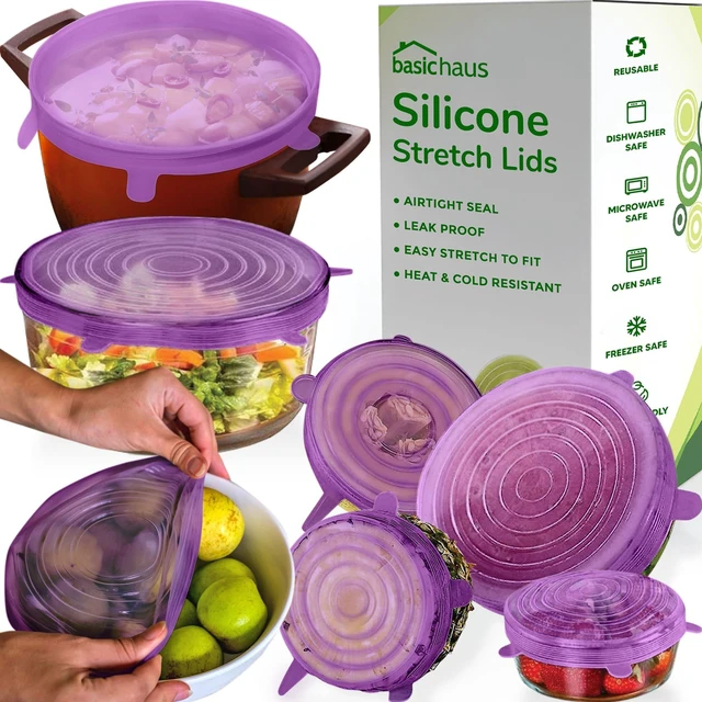 Main image of Reusable Silicone Stretch Lids for Food Storage in Fridge - Elastic Heat-Resistant Bowl Covers, Cups, Cans, Jars - Universal Food Grade Lid for Containers - 7 Pack - Purple Stretchy Lid Set