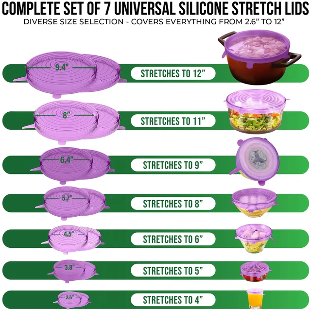 Alt view image 2 of 7 - Reusable Silicone Stretch Lids for Food Storage in Fridge - Elastic Heat-Resistant Bowl Covers, Cups, Cans, Jars - Universal Food Grade Lid for Containers - 7 Pack - Purple Stretchy Lid Set