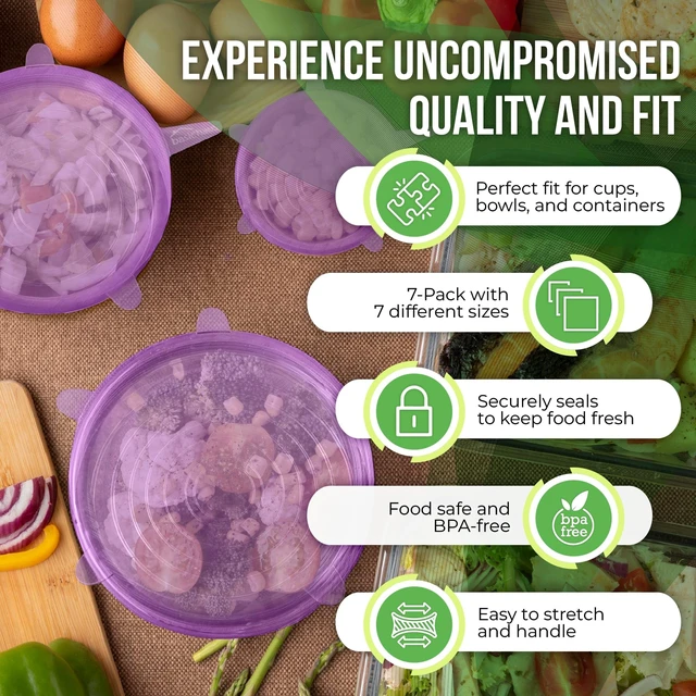 Alt view image 3 of 7 - Reusable Silicone Stretch Lids for Food Storage in Fridge - Elastic Heat-Resistant Bowl Covers, Cups, Cans, Jars - Universal Food Grade Lid for Containers - 7 Pack - Purple Stretchy Lid Set