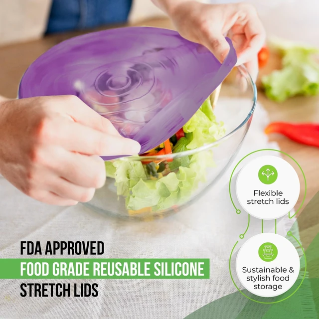 Alt view image 4 of 7 - Reusable Silicone Stretch Lids for Food Storage in Fridge - Elastic Heat-Resistant Bowl Covers, Cups, Cans, Jars - Universal Food Grade Lid for Containers - 7 Pack - Purple Stretchy Lid Set