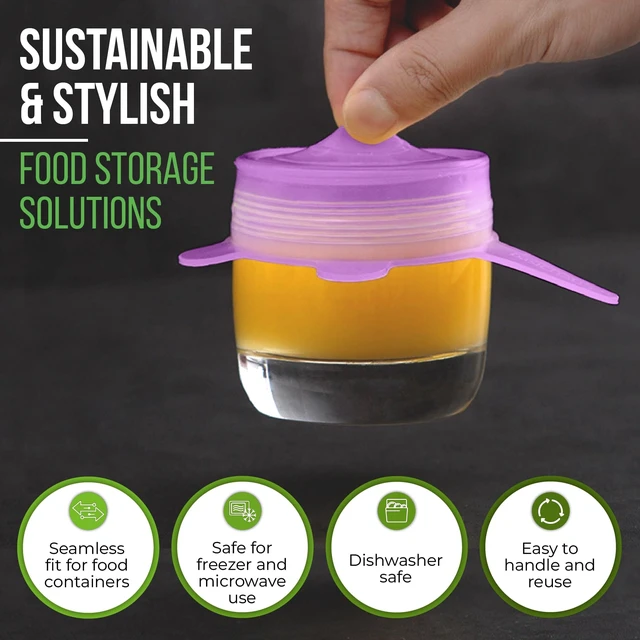 Alt view image 7 of 7 - Reusable Silicone Stretch Lids for Food Storage in Fridge - Elastic Heat-Resistant Bowl Covers, Cups, Cans, Jars - Universal Food Grade Lid for Containers - 7 Pack - Purple Stretchy Lid Set