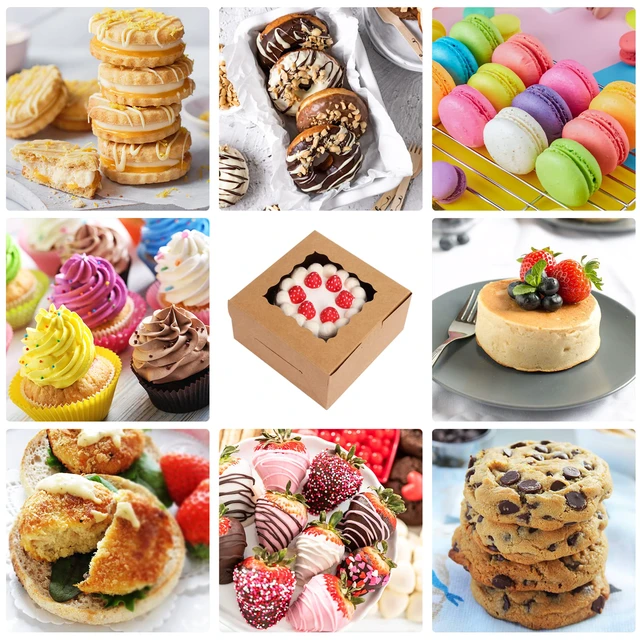 Alt view image 3 of 7 - 80pcs Cookie Boxes with Window, 6x6x3 Inches Brown Bakery Boxes Kraft Treat Boxes, Dessert Boxes for Chocolate Covered Strawberries, Pastries