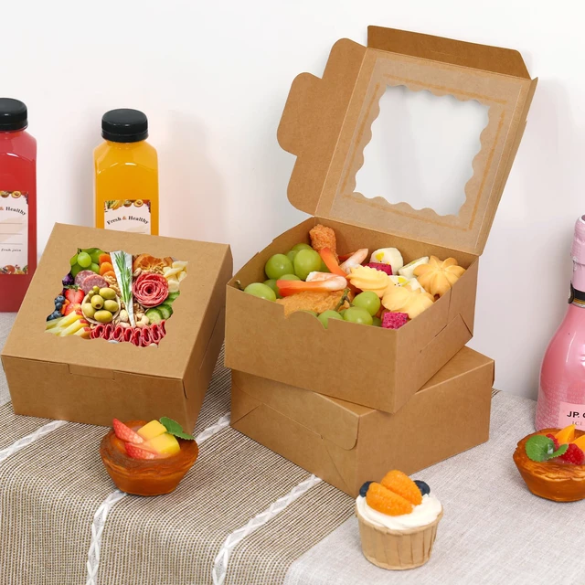 Alt view image 6 of 7 - 80pcs Cookie Boxes with Window, 6x6x3 Inches Brown Bakery Boxes Kraft Treat Boxes, Dessert Boxes for Chocolate Covered Strawberries, Pastries