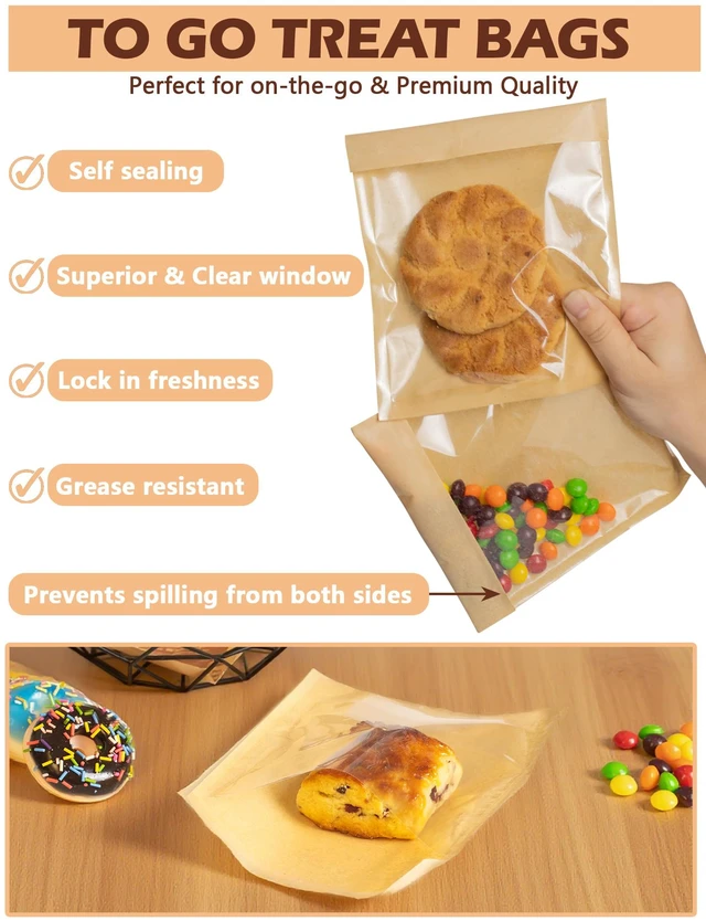 Alt view image 3 of 6 - 400 Pack Self Sealing Cookie Bags with Seal, 5.9x6.5 Inch Paper Bakery Bags with Window, Grease Resistant To Go Sleeves for Packaging Donut, Snack, Scone, Browni, Small Pastries and other Treats