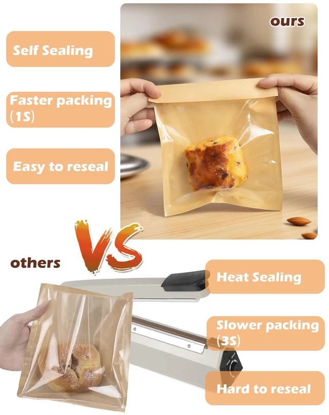 Alt view image 5 of 6 - 400 Pack Self Sealing Cookie Bags with Seal, 5.9x6.5 Inch Paper Bakery Bags with Window, Grease Resistant To Go Sleeves for Packaging Donut, Snack, Scone, Browni, Small Pastries and other Treats
