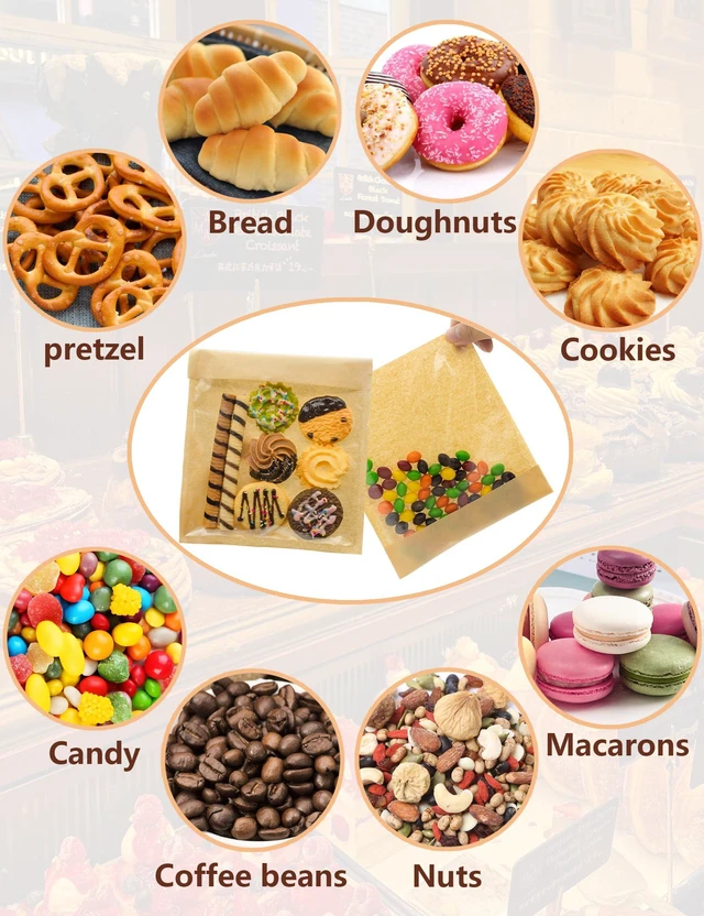 Alt view image 4 of 6 - 400 Pack Self Sealing Cookie Bags with Seal, 5.9x6.5 Inch Paper Bakery Bags with Window, Grease Resistant To Go Sleeves for Packaging Donut, Snack, Scone, Browni, Small Pastries and other Treats
