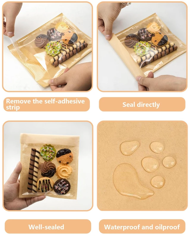 Alt view image 6 of 6 - 400 Pack Self Sealing Cookie Bags with Seal, 5.9x6.5 Inch Paper Bakery Bags with Window, Grease Resistant To Go Sleeves for Packaging Donut, Snack, Scone, Browni, Small Pastries and other Treats