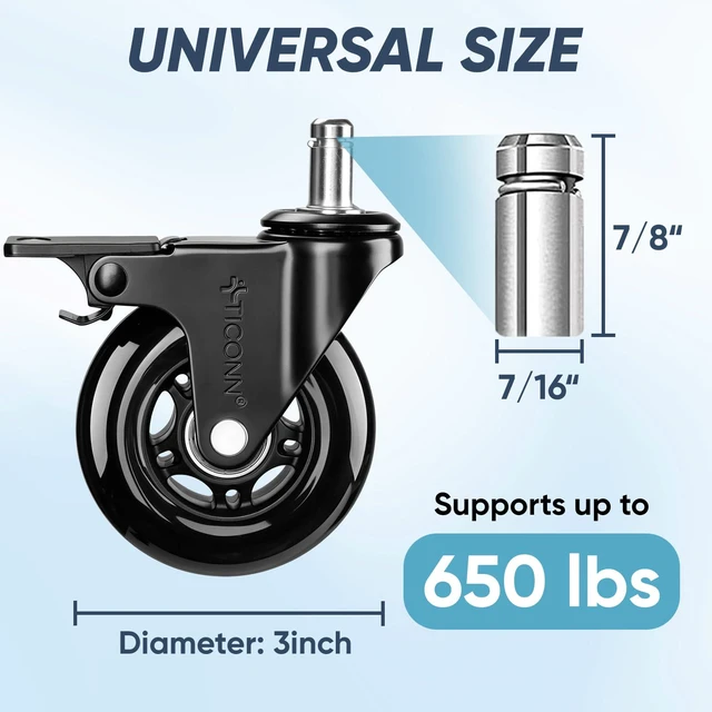 Alt view image 4 of 7 - Office Chair Wheels, 3" Caster Wheels for Tile Carpets, Set of 5 650 lbs Weight Capacity, Smooth & Quiet Rolling, Scratch-Free Floor Protection, Universal Fit, Easy Snap-In Installation