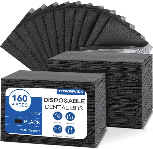 Main image of 160 Pack Disposable Dental Bibs 13"x18", 3-Ply Black Dental Bibs,Waterproof Tattoo Bibs Sheet for Nail Salon, Dental Clinic, Feeding, Tattoo Shop (Black)