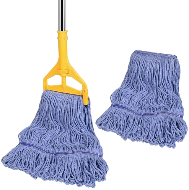Main image of Commercial Mop with Extra Head Replace,63" Heavy Duty Industrial Mop Long Mop Handle Looped-End String Wet Mops for Floor Cleaning for Warehouse, Workshop, Garage, Office, Home (2 Mops Head)