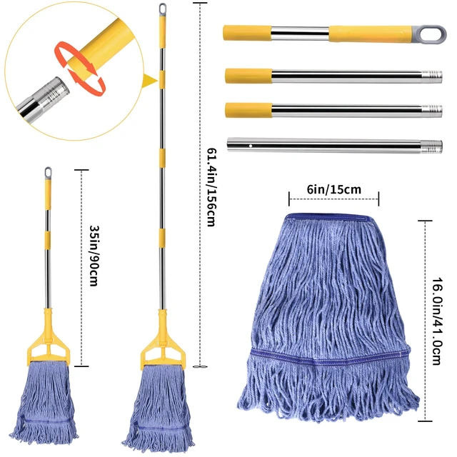 Alt view image 4 of 7 - Commercial Mop with Extra Head Replace,63" Heavy Duty Industrial Mop Long Mop Handle Looped-End String Wet Mops for Floor Cleaning for Warehouse, Workshop, Garage, Office, Home (2 Mops Head)