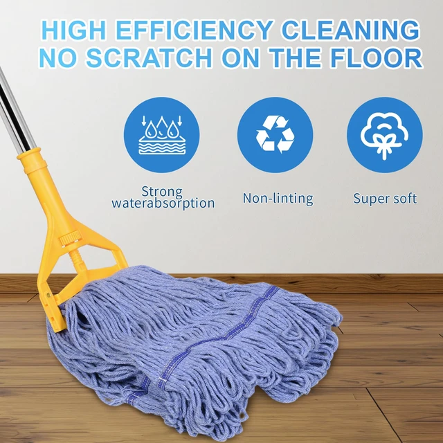 Alt view image 2 of 7 - Commercial Mop with Extra Head Replace,63" Heavy Duty Industrial Mop Long Mop Handle Looped-End String Wet Mops for Floor Cleaning for Warehouse, Workshop, Garage, Office, Home (2 Mops Head)