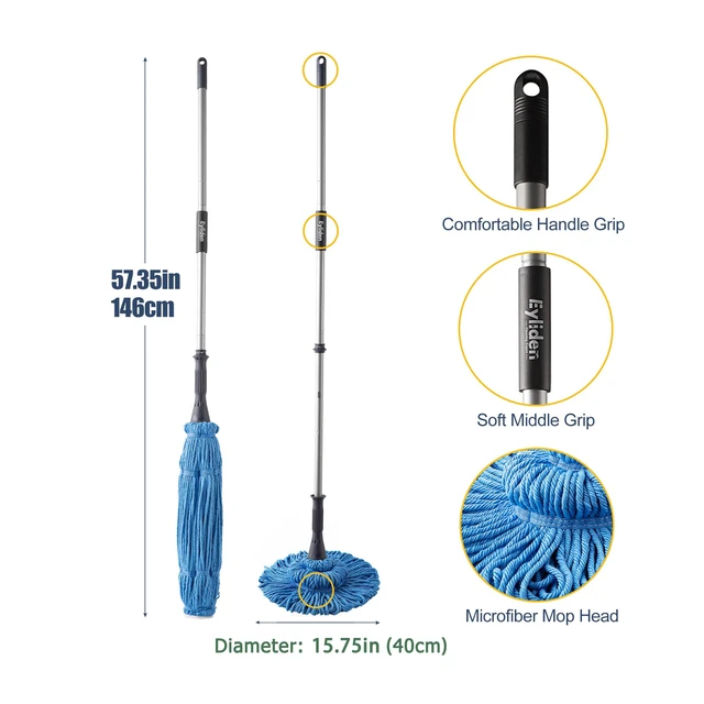 Alt view image 6 of 7 - Mop with 2 Reusable Microfiber Heads, Easy Wringing Twist Mop 57.5 inch Long Handle, Wet Mops for Floor Cleaning, Commercial Household Clean Hardwood, Vinyl, Tile and More