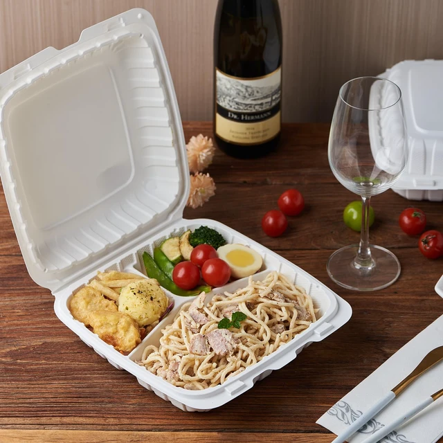 Alt view image 3 of 7 - 9X9 3 Compartment 50-Pack Plastic Clamshell Take Out Food Containers, Heavy Duty Disposable To-go Box For Cake, Sandwich, Salad, Dessert