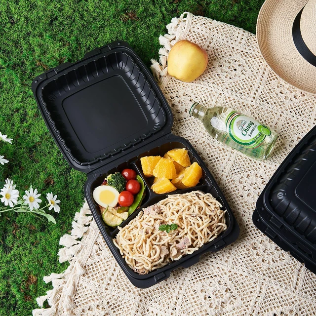 Alt view image 7 of 7 - 9X9 3-Compartment 50-Pack Plastic Clamshell Takeout Food Trays Heavy Duty Togo Disposable Box For Pasta Salad Sandwich Carryout Hinged Containers With Secure Snap Lid