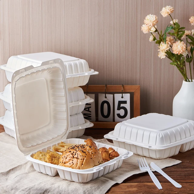 Alt view image 4 of 7 - 9X9 3 Compartment 50-Pack Plastic Clamshell Take Out Food Containers, Heavy Duty Disposable To-go Box For Cake, Sandwich, Salad, Dessert