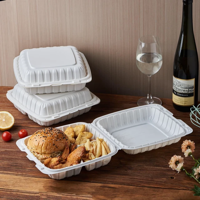 Alt view image 5 of 7 - 9X9 3 Compartment 50-Pack Plastic Clamshell Take Out Food Containers, Heavy Duty Disposable To-go Box For Cake, Sandwich, Salad, Dessert