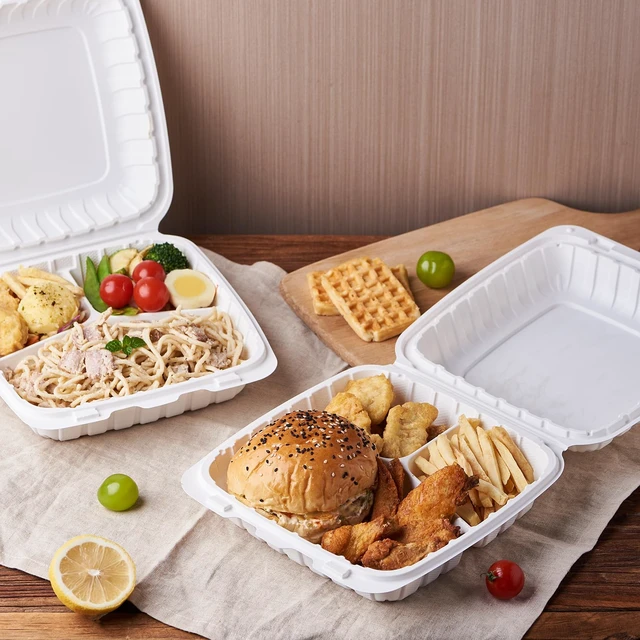 Alt view image 6 of 7 - 9X9 3 Compartment 50-Pack Plastic Clamshell Take Out Food Containers, Heavy Duty Disposable To-go Box For Cake, Sandwich, Salad, Dessert