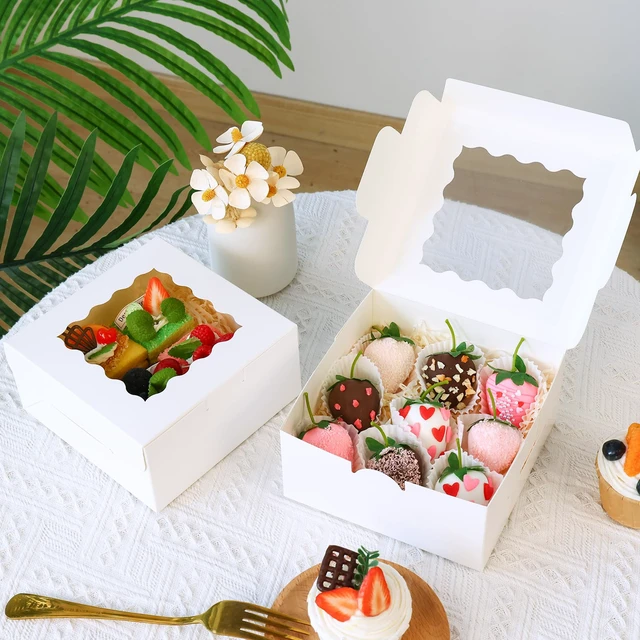 Alt view image 5 of 7 - 80pcs Cookie Boxes with Window, 6x6x3 Inches White Bakery Boxes Treat Boxes, Dessert Boxes for Chocolate Covered Strawberries, Pastries