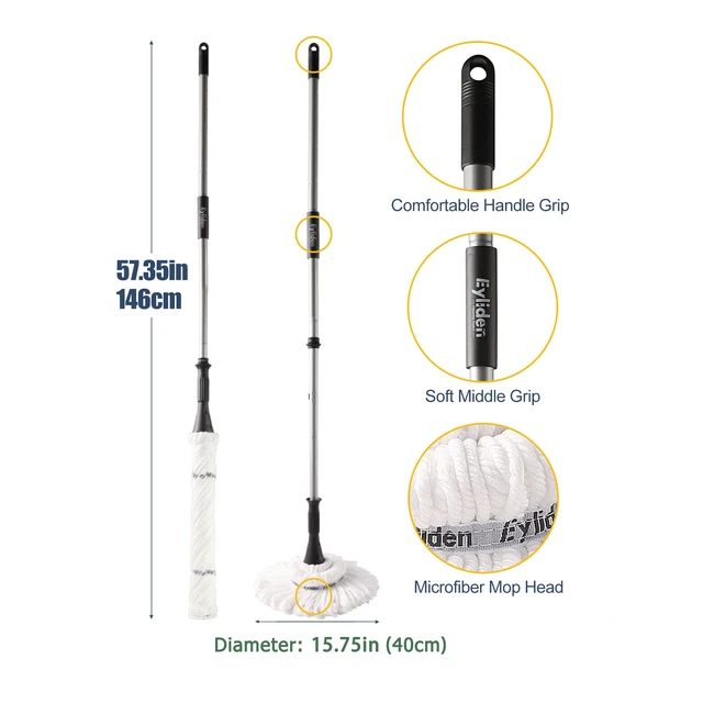 Alt view image 5 of 7 - Mop with 2 Reusable Microfiber Heads, Easy Wringing Twist Mop 57.5 inch Long Handle, Wet Mops for Floor Cleaning, Commercial Household Clean Hardwood, Vinyl, Tile and More, White