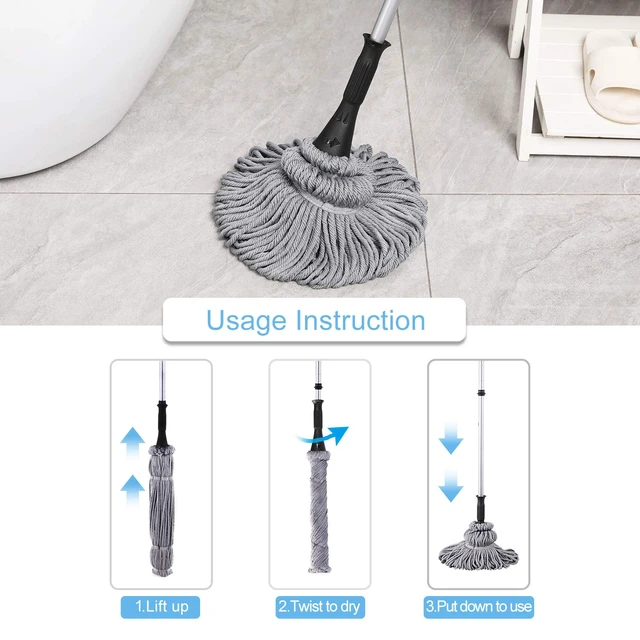 Alt view image 3 of 7 - Mop with 2 Reusable Microfiber Heads, Easy Wringing Twist Mop 57.5 inch Long Handle, Wet Mops for Floor Cleaning, Commercial Household Clean Hardwood, Vinyl, Tile and More, Grey