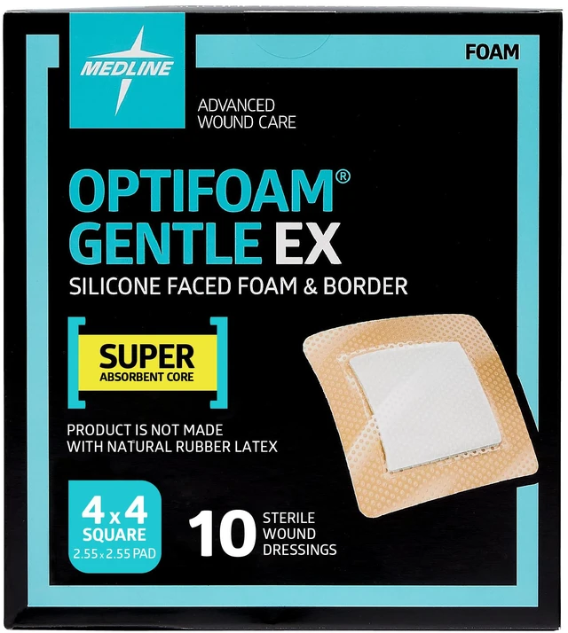 Main image of Optifoam Gentle EX Silicone-Faced Bordered Foam Dressing, 4" x 4", 10 Count