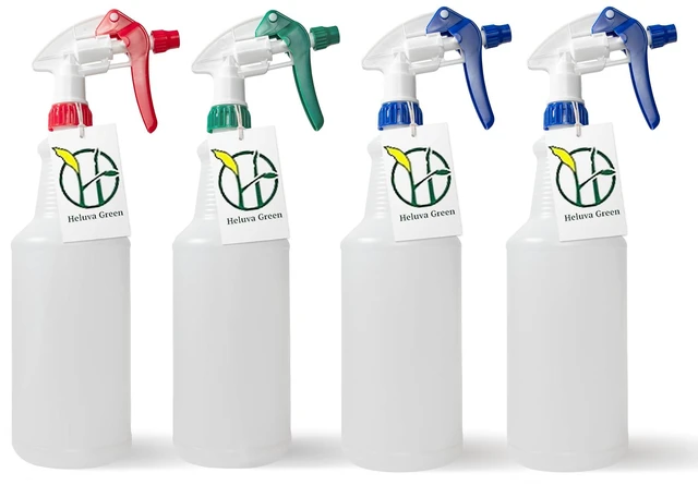 Main image of Heavy Duty 32oz Plastic Spray Bottles for Cleaning, 4 Pack Large empty industrial bottles for gardening, vinegar, chemicals, pro cleaners. Adjustable sprayer nozzle