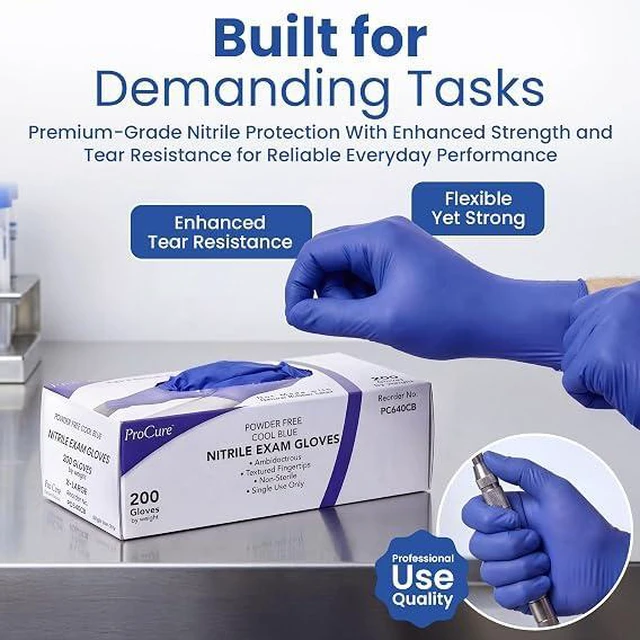 Alt view image 2 of 7 - Disposable Nitrile Gloves - Latex & Powder Free - 200 Ct, Small Cool Blue Medical Gloves, XS-XL Sized to a Hand Chart, Non-Sterile, Ambidextrous, Textured for Better Grip