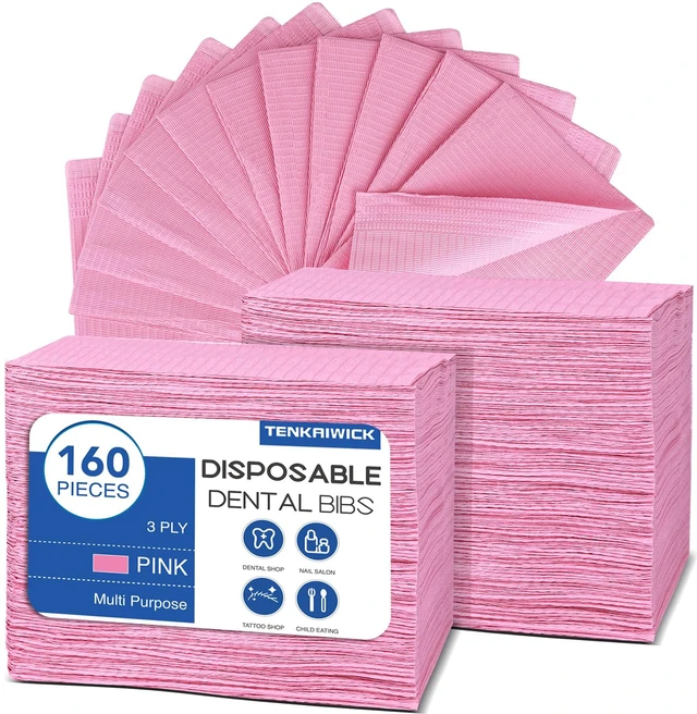 Main image of 160 Pack Disposable Dental Bibs 13"x18", 3-Ply Waterproof Tattoo Bibs Sheet for Nail Salon, Dental Clinic, Feeding, Tattoo Shop (Pink)