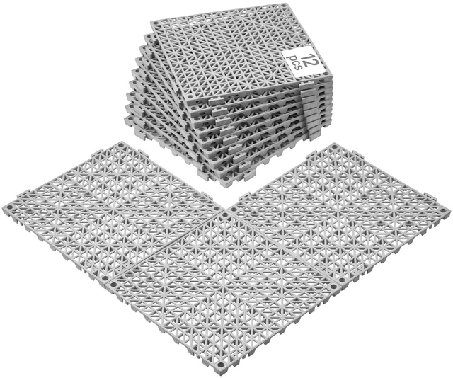 Main image of Modular Interlocking Cushion, 12 Pack 12" x 12" Splicing Drainage Mats, Soft PVC Interlocking Drainage Floor Tiles, Non-Slip Drainage Holes for Restroom, Bathroom, Kitchen, Pool, Wet Areas, Gray