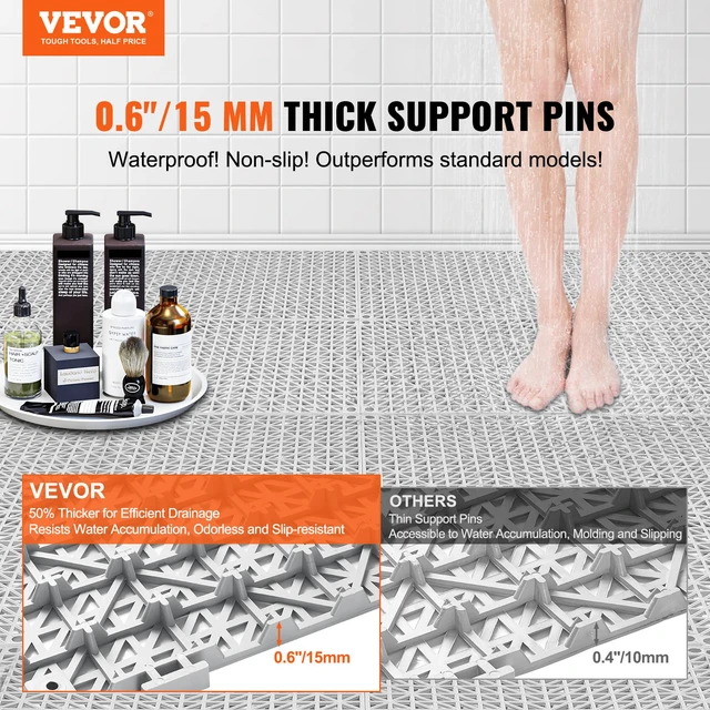 Alt view image 2 of 7 - Modular Interlocking Cushion, 12 Pack 12" x 12" Splicing Drainage Mats, Soft PVC Interlocking Drainage Floor Tiles, Non-Slip Drainage Holes for Restroom, Bathroom, Kitchen, Pool, Wet Areas, Gray