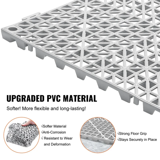 Alt view image 3 of 7 - Modular Interlocking Cushion, 12 Pack 12" x 12" Splicing Drainage Mats, Soft PVC Interlocking Drainage Floor Tiles, Non-Slip Drainage Holes for Restroom, Bathroom, Kitchen, Pool, Wet Areas, Gray