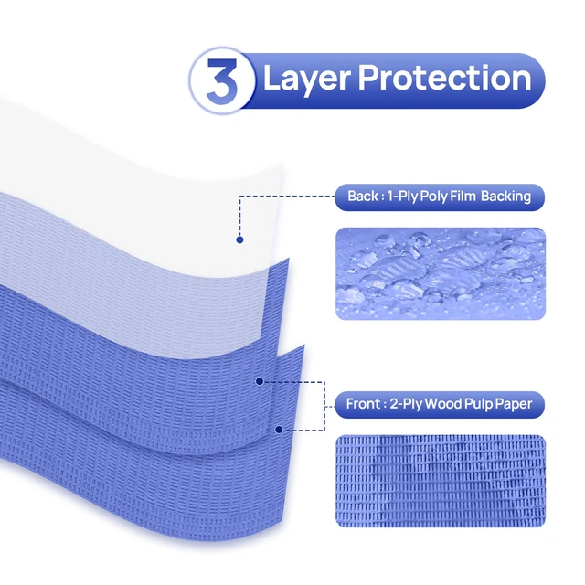 Alt view image 2 of 7 - Dental Bibs, Disposable Dental Bibs Dark Blue, 125 Pack Dental Bib 2-Ply Paper 1-Ply Film, Waterproof, Soft & Comfortable, 13" x 18" Wide Coverage Medical Tray Covers Bibs