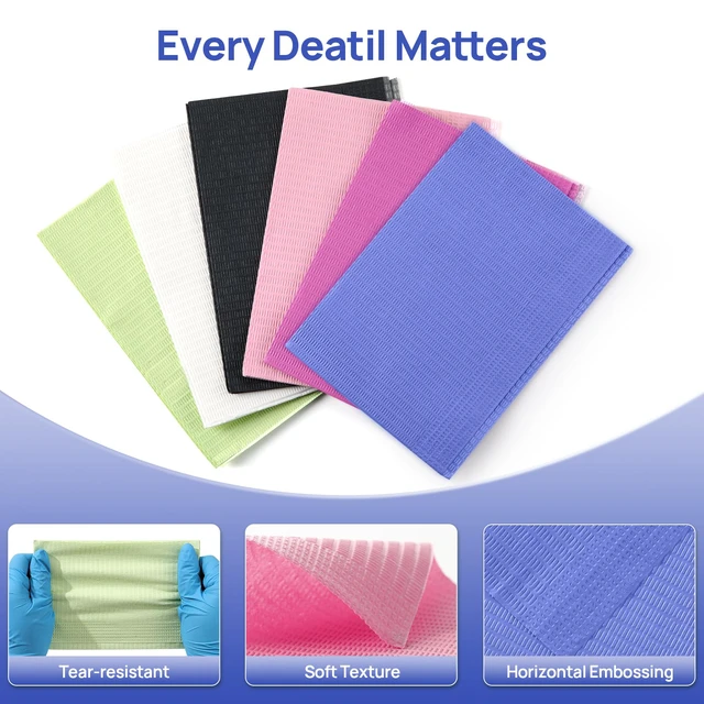 Alt view image 3 of 7 - Dental Bibs, Disposable Dental Bibs Dark Blue, 125 Pack Dental Bib 2-Ply Paper 1-Ply Film, Waterproof, Soft & Comfortable, 13" x 18" Wide Coverage Medical Tray Covers Bibs