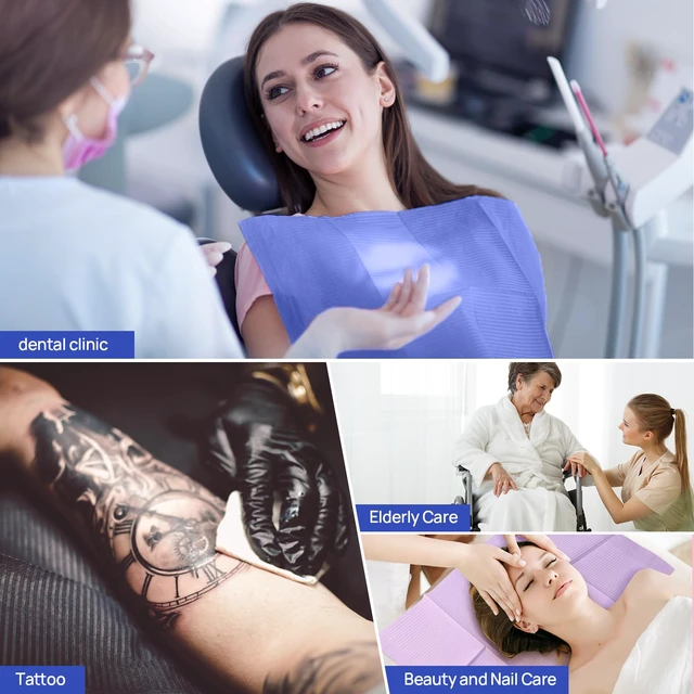 Alt view image 5 of 7 - Dental Bibs, Disposable Dental Bibs Dark Blue, 125 Pack Dental Bib 2-Ply Paper 1-Ply Film, Waterproof, Soft & Comfortable, 13" x 18" Wide Coverage Medical Tray Covers Bibs