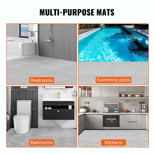 Alt view image 6 of 7 - Modular Interlocking Cushion, 12 Pack 12" x 12" Splicing Drainage Mats, Soft PVC Interlocking Drainage Floor Tiles, Non-Slip Drainage Holes for Restroom, Bathroom, Kitchen, Pool, Wet Areas, Gray