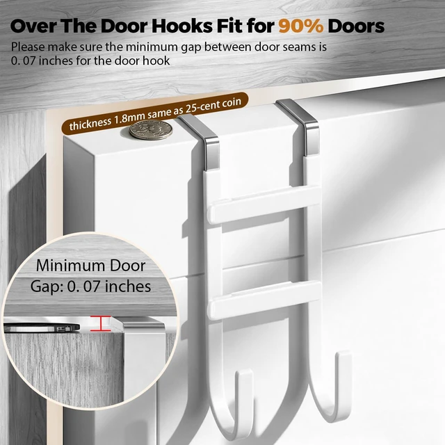 Alt view image 2 of 7 - Over-the-Door Hooks, 2 Pack Heavy Duty Door Hanger with Anti-Scratch Rubber for Hanging Coat Towel Bag, Fits 1-3/8" Interior Doors, Suitable for Bathroom LivingRoom Bedroom and Kitchen, White