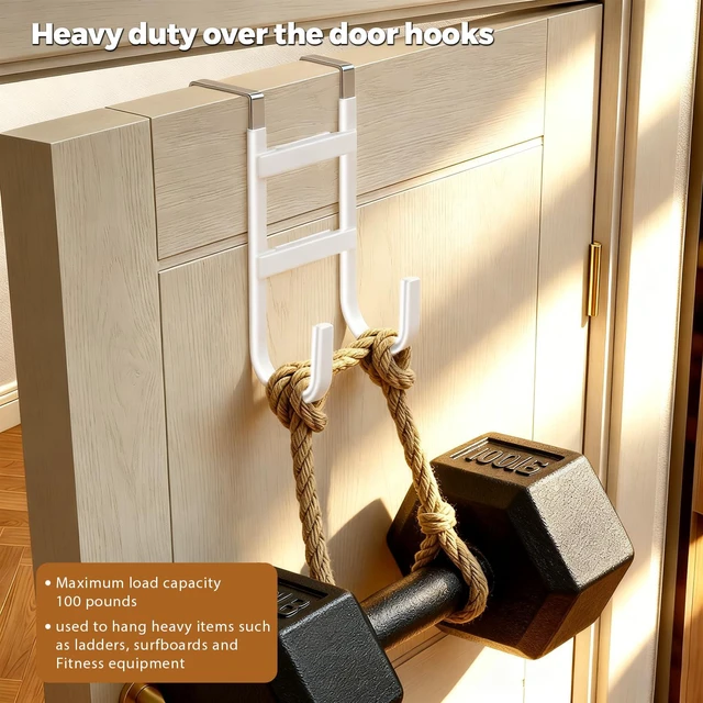 Alt view image 4 of 7 - Over-the-Door Hooks, 2 Pack Heavy Duty Door Hanger with Anti-Scratch Rubber for Hanging Coat Towel Bag, Fits 1-3/8" Interior Doors, Suitable for Bathroom LivingRoom Bedroom and Kitchen, White