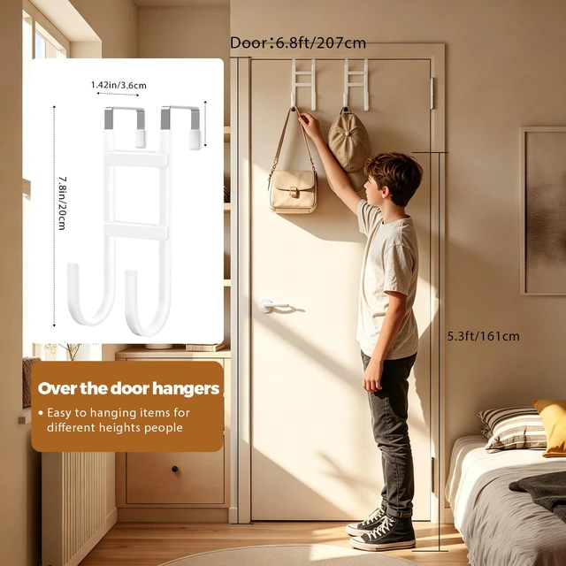 Alt view image 6 of 7 - Over-the-Door Hooks, 2 Pack Heavy Duty Door Hanger with Anti-Scratch Rubber for Hanging Coat Towel Bag, Fits 1-3/8" Interior Doors, Suitable for Bathroom LivingRoom Bedroom and Kitchen, White